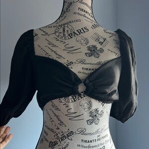 Backless Puff Sleeve Black Crop Top with Ring Detail Boho Milkmaid